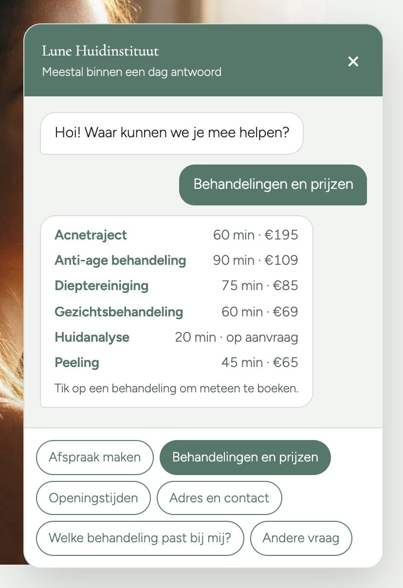 De chatknop op de website met prijzen